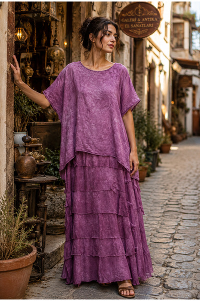 EREN STYLE Italian Vintage 2 Size Slimming Half Sleeve Layered Silk Dress
