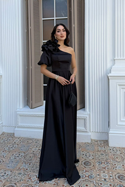 Sindimoda Zena Tek Kol Çiçek Detay Saten Abiye 1136