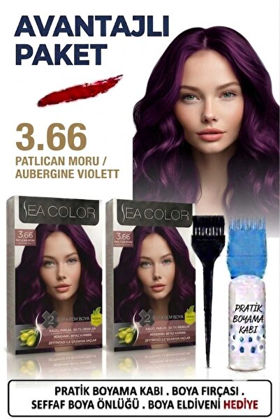 Sea Color Set Saç Boyası 3.66 Patlıcan Moru 2 Li 2 Kutu+Pratik Boya Kabı