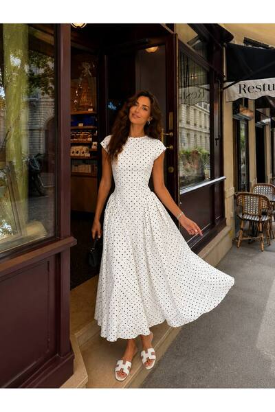 D'RECCY Women's Bele Sitting Short Sleeved Long Dress with Polka Dots