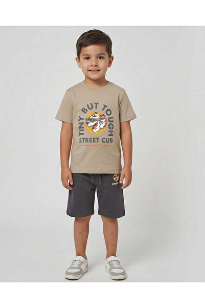 REDTAG Boys Beige And Charcoal Printed Pyjama Set 2 Piece