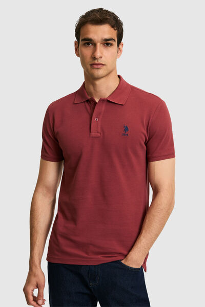 U.S. Polo Assn. تي شيرت رجالي ذو قصة ضيقة وياقة بولو بلون الكرز الأساسي 50322...
