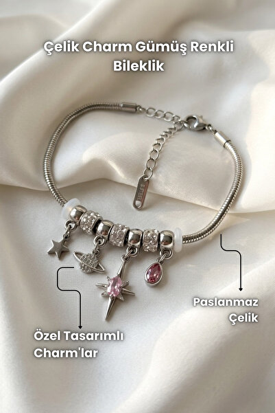 Elifsu Jewelry Steel Charm Silver Color Bracelet