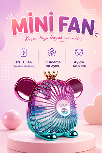 auhma AUFN16 Sevimli Ayıcık Mini Masaüstü Fan | Şarjlı, Sessiz, 1200mAh Kablo...