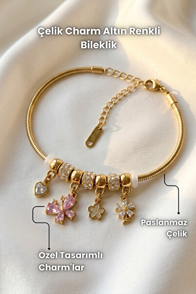 Elifsu Jewelry Çelik Charm Altın Renkli Bileklik