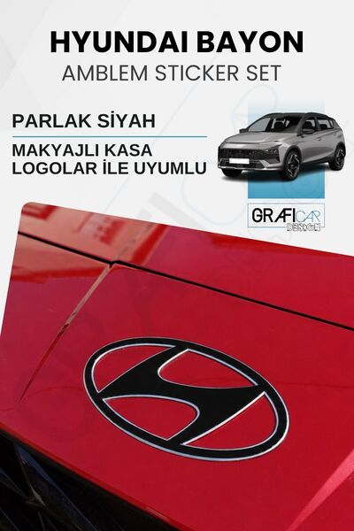 GRAFİCAR Hyundai Bayon Uyumlu Amblem Sticker Set - PARLAK SİYAH - MAKYAJLI KASA