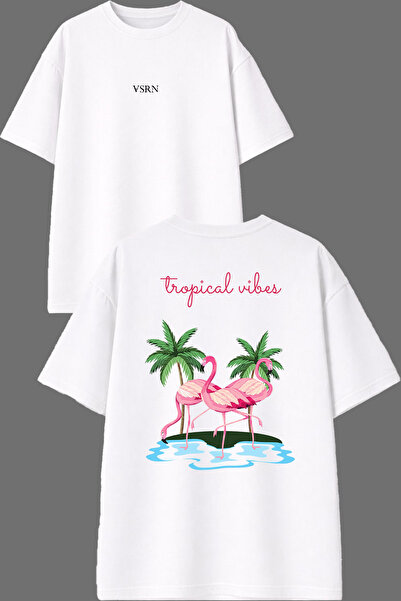 VSRN Vibe Tropical Tasarım Μπλουζάκι με στάμπα μπροστά και πίσω, λευκό, overs...