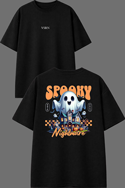 VSRN Ghost Scary Design Front and Back Printed Black Oversize t Shirt