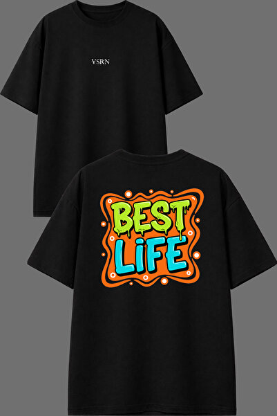 VSRN Μπλουζάκι Best Life Design με στάμπα μπροστά και πίσω, μαύρο, oversized
