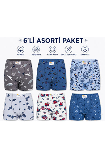İlke Erkek Çocuk Boxer 6’lı Asorti Paket Pamuklu Likralı Rahat Kalıp Karışık ...