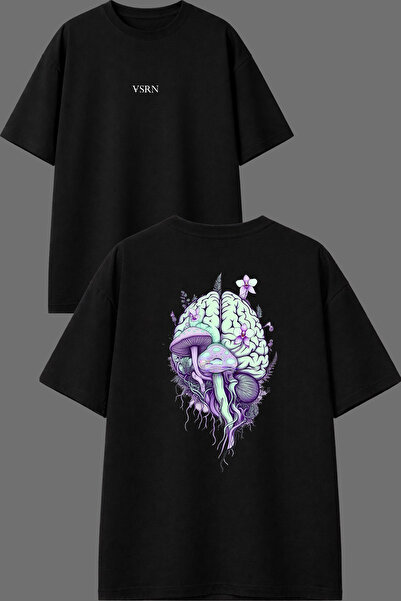 VSRN Μπλουζάκι με σχέδιο Brain Mushroom, εμπρός και πίσω, με στάμπα, μαύρο, o...
