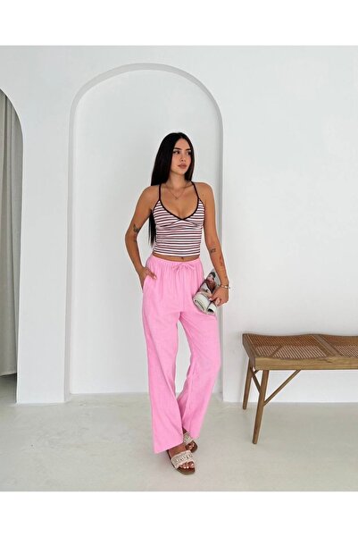 BKUzer Women's Linen Trousers with Elastic Waist – Comfortable Fit Summer Pants