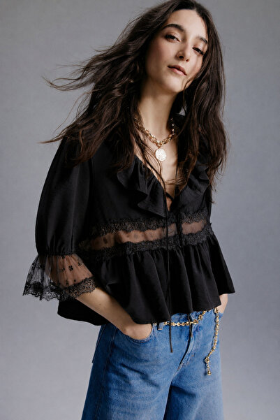 BKUzer Women's Flounce Collar Lace Detailed Blouse – Bohemian Chic Crop Shirt