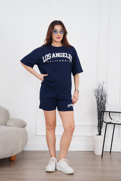 Merci Women's Navy Blue Summer T-Shirt Shorts Casual Printed Sports Set