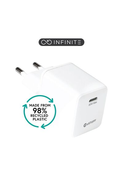 eSTUFF INFINITE (GRS) Încărcător USB-C EU PD 60W GaN. 1 x USB-C. Alb. 98% pla...
