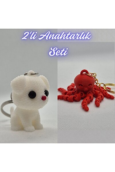 3DAtölyeMaker White Knitted Patterned Dog and Pink Octopus Keychain