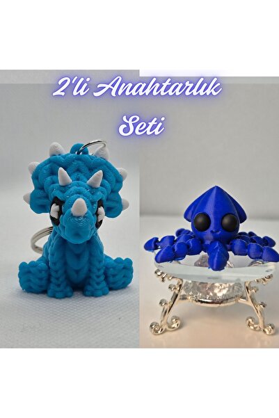 3DAtölyeMaker Light Blue Knitted Pattern Triceratops and Blue Squid Keychain