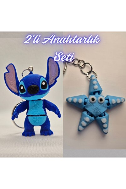 3DAtölyeMaker Blue Flexible Stitch and Light Blue Moving Starfish Keychain