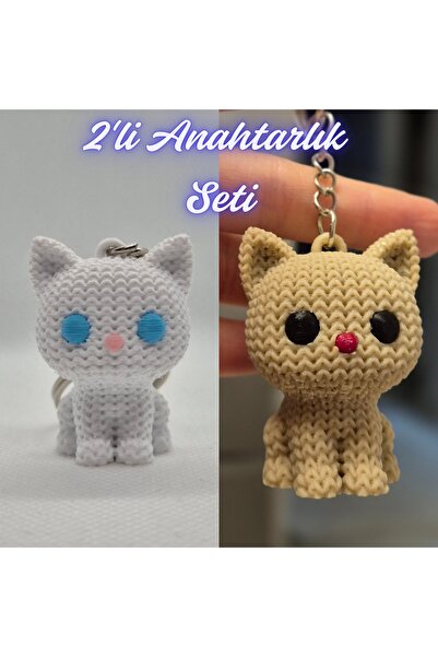 3DAtölyeMaker White Knitted Patterned Cat Keychain and Cream Knitted Patterne...