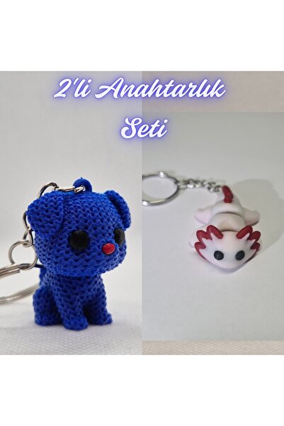 3DAtölyeMaker Blue Knitted Patterned Dog and Light Pink Flexible Axolotl Keyc...