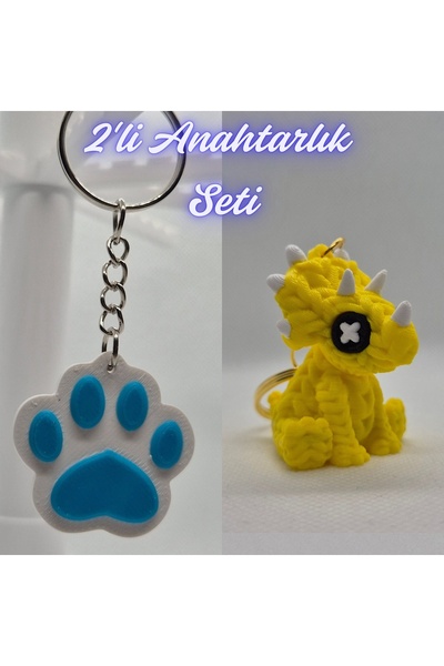 3DAtölyeMaker Light Blue Cat Paw and Yellow Knitted Pattern Triceratops Keychain