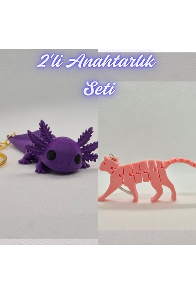 3DAtölyeMaker Purple Flexible Big Axolotl and Light Pink Flexible Cat Keychain
