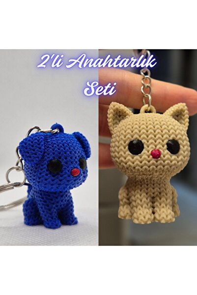 3DAtölyeMaker Blue Knitted Patterned Dog Keychain and Cream Knitted Patterned...
