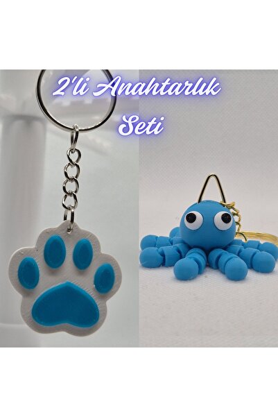 3DAtölyeMaker Light Blue Cat Paw and Light Blue Confused Octopus Keychain