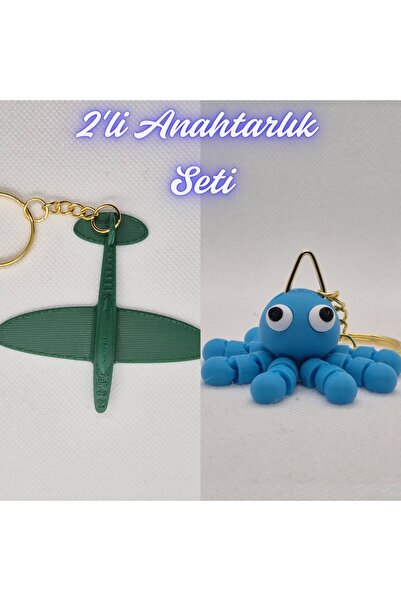 3DAtölyeMaker Dark Green Airplane and Light Blue Confused Octopus Keychain