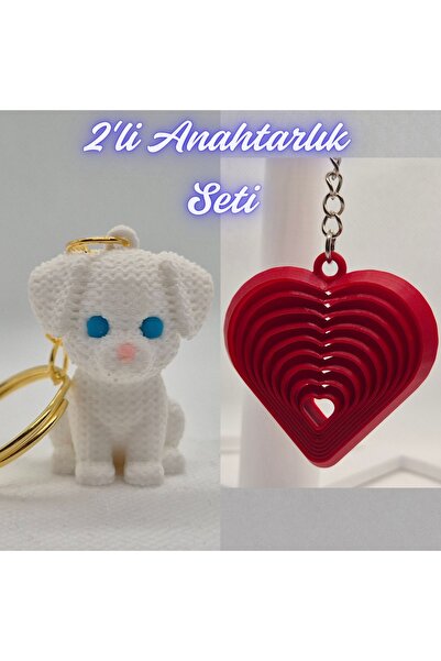 3DAtölyeMaker White Knitted Pattern Dog-2 and Fire Engine Red Moving Heart Ke...