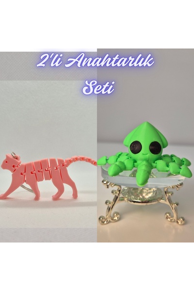 3DAtölyeMaker Light Pink Flexible Cat and Light Green Squid Keychain