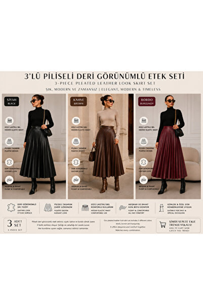 Gül Maison High Waist Pleated Leather Look Midi Skirt 3 Pieces