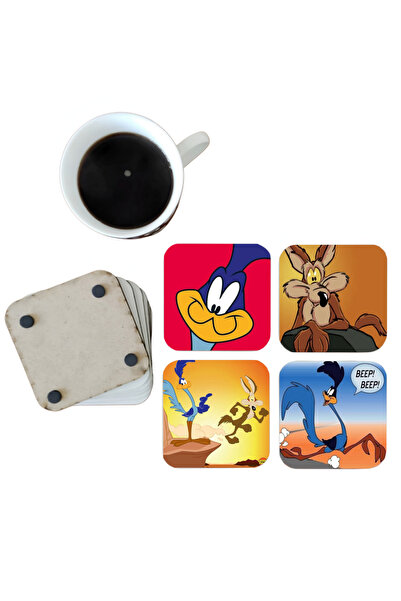 Ghostbastır Road Runner and Coyote Decorative Wooden Coaster Set 0109