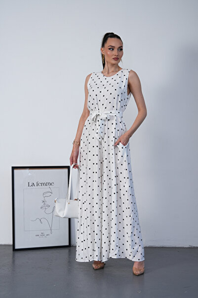NAVY Zero Sleeve Waist Tie Detailed Polka Dot Jumpsuit