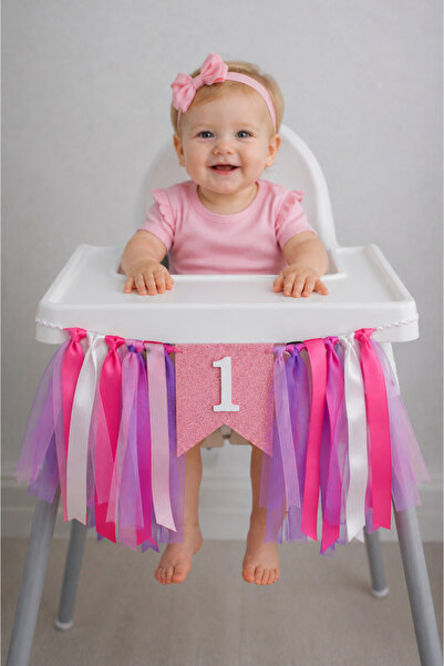 Minia 1 Yaş Doğum Günü Mama Sandalyesi Süsü – Pembe Simli “1” Banner – Kurdel...