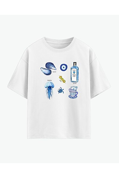 HepsitrentStore Oyster Printed White Oversize T-Shirt