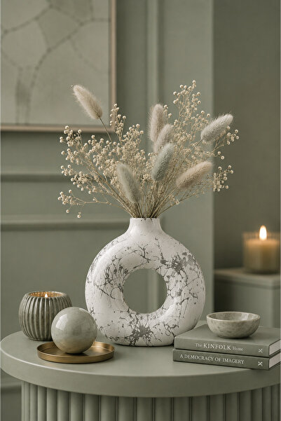 betonmall El Yapımı Beton Donut Vazo Modern Nordic Boho Dekoratif Mat Beyaz K...