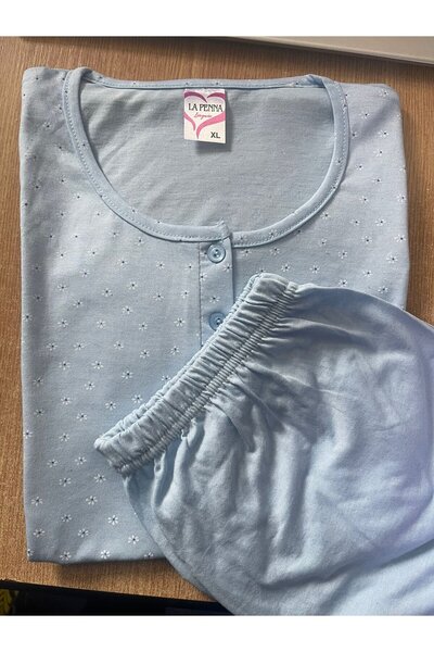 Serena Pijama dama albastra cu floricele tricou si pantaloni 3/4