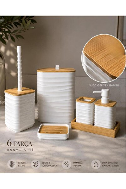 Okyanus Home Luna Beyaz Gerçek Bambu Detaylı 7LT 6 Parça Tepsili Banyo Seti