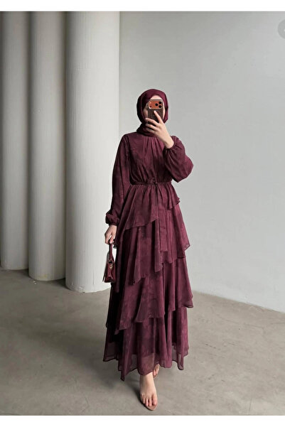 Butik Bordo Şifon Kumaş Desenli Kat Kat Elbise Modelimiz