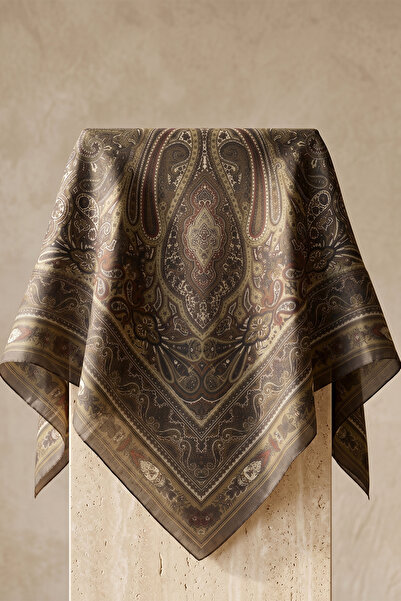 FERHEL Tesettür Etnik Paisley Desen Premium Eşarp 120 x120 - Haki