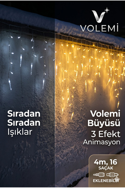 VOLEMİ 4 Metre Sarı Sarkıt Led Işık - 16 Saçak, Eklenebilir, 3 Efektli Fişli Balkon ve Perde Süsü