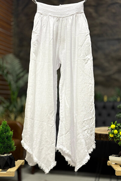 sahnemoda Paça Tüy Nakışlı Bol Paça Keten Pantolon