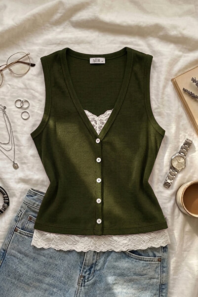Şiir Gwon Slim Fit Ornament Button Lace Collar and Waist Detail Sleeveless To...