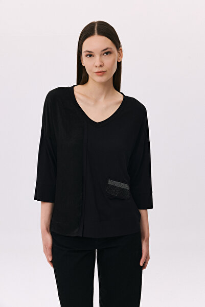 DAIDO Women's V-Neck Ornamental Pocket Three-Quarter Sleeve Blouse 6234 Black