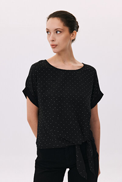 DAIDO Women's Stone Decorated Short Sleeve Blouse with Tie Detail 6213 Black