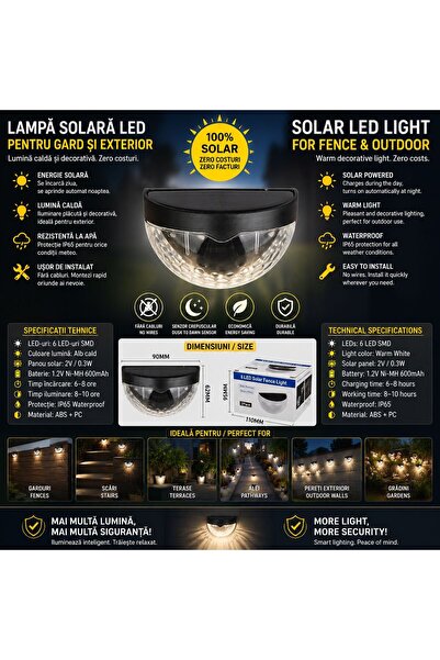 ENERGIE Set 2 Lămpi Solare LED pentru Perete și Gard – Iluminare Exterior Wat...