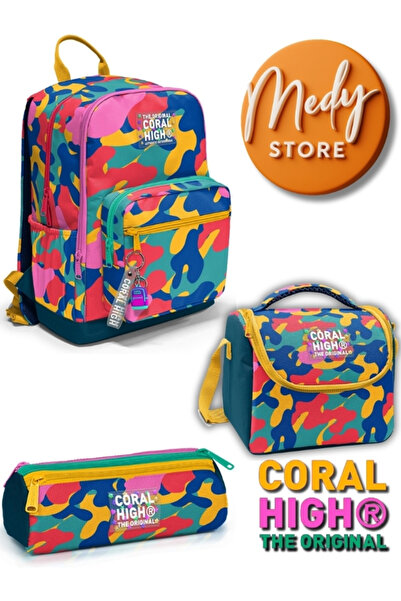 Coral High Renkli Kamuflaj Desenli 3’lü Okul Çanta Seti