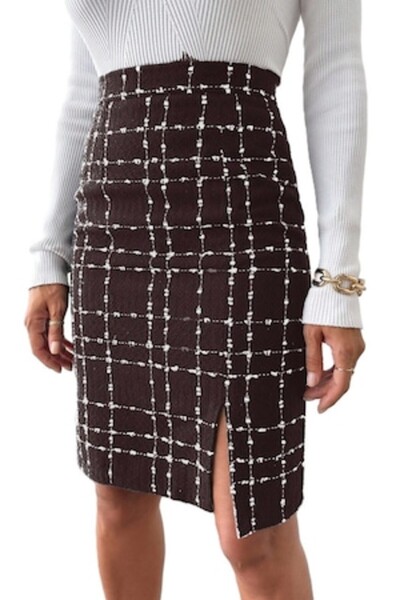 StreetWear Outlet Women's Skirt, Tweed, Split Hem, High Waist, Brown, M