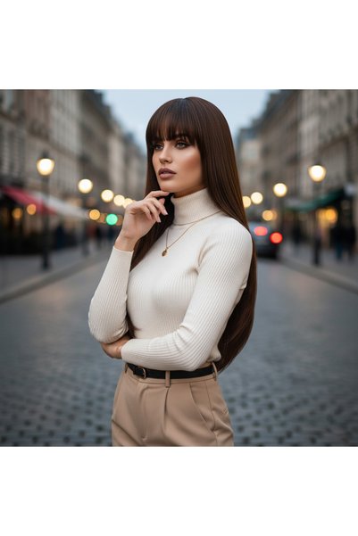 Generic Brand Perucă sintetică cu fire lungi și breton drept / Cafenea-caramel